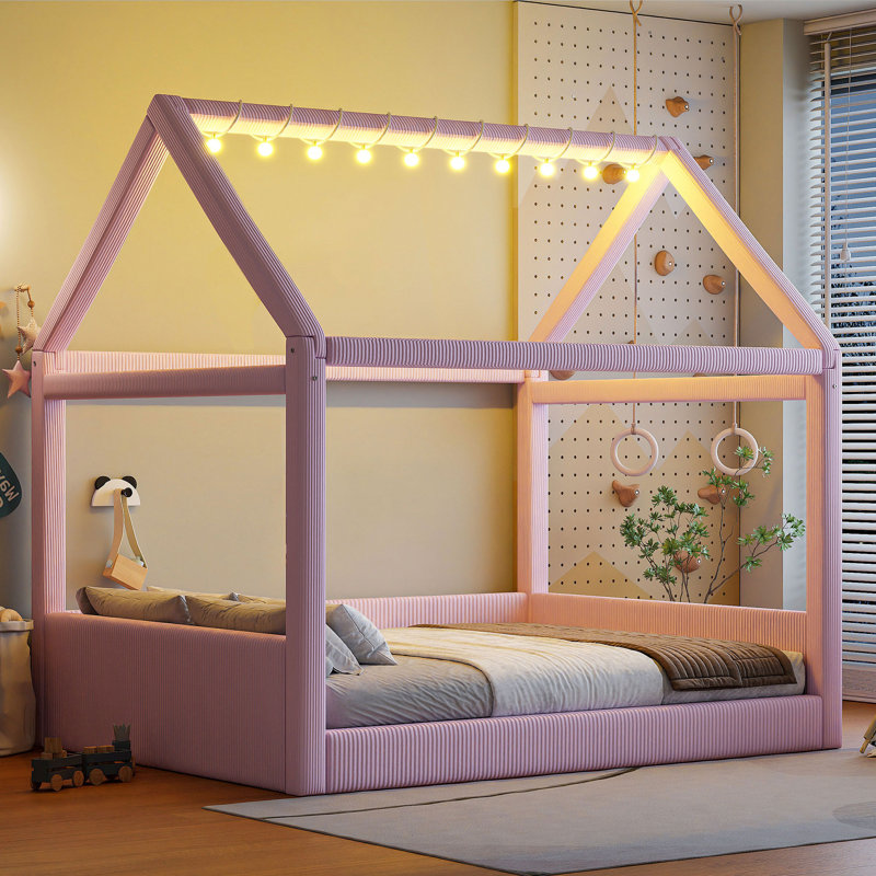 Full Size Upholstered House Daybed with LED Light Strips, Solid Wood Frame, Corduroy Fabric & Touch Switch Lighting, Pink