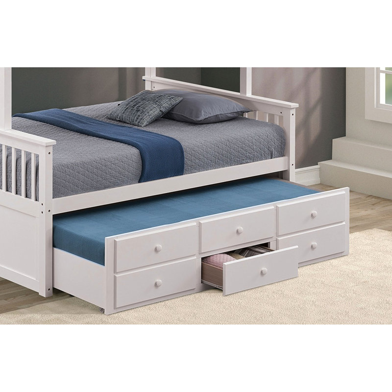 Lit superposé simple au-dessus d'un lit double blanc transitionnel, tiroirs de rangement latéraux et 3 sous le lit, conception en bois d'ingénierie massif, solution de joint, lit gigogne pour l'espace de la chambre à coucher, lit facile à assembler avec surface