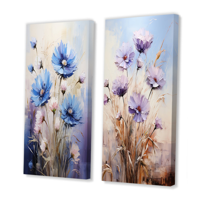 Ensemble de 2 décorations murales bleues et mauves, H 28 po x l 25 po, Toile tendue