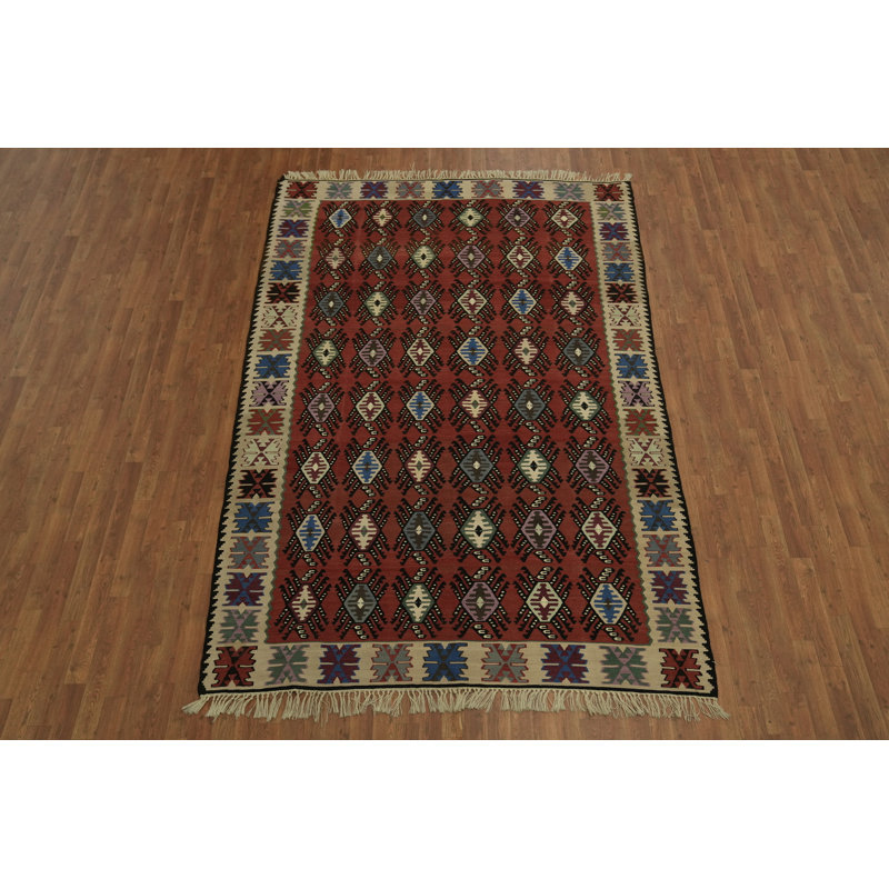 Tapis turc en laine de style oriental géométrique tissé à la main 7 x 10 pi Kilim