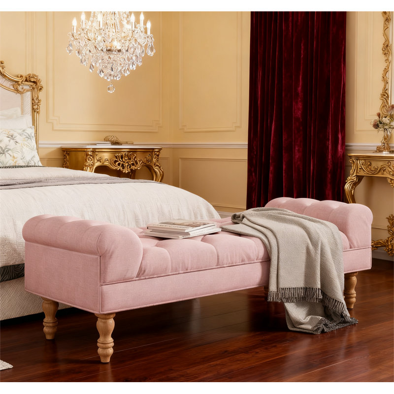 Button-Tufted End of Bed Bench with Rolled Arms, Pink