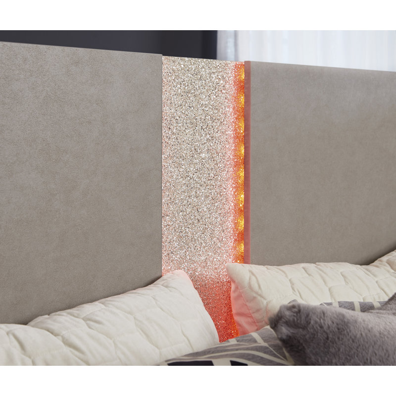 Gray Leather and Wood Queen Panel Bed with LED Lighting
