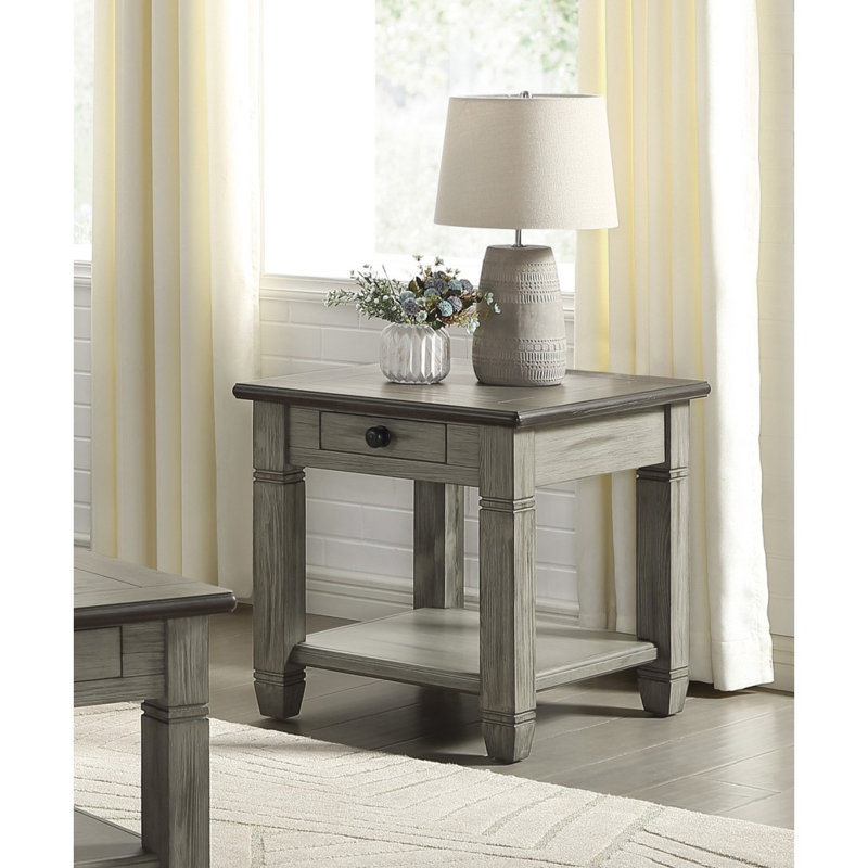 Table de bout Verduzco 24 "deux tons gris antique avec tiroir de rangement et tablette ouverte, Gris antique