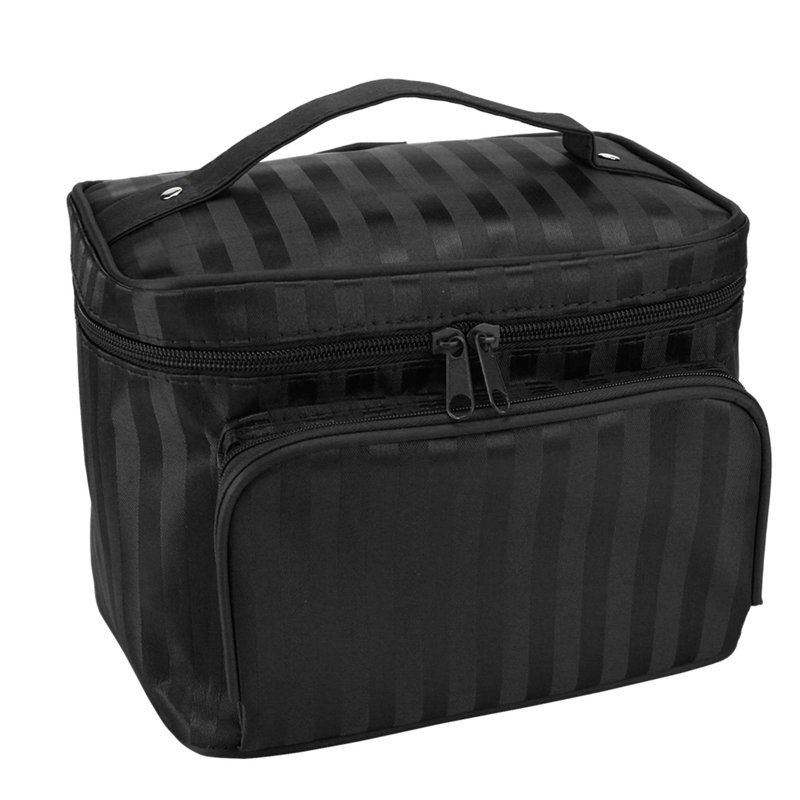 Trousse de toilette portative à maquillage imperméable à grande capacité avec miroir, Noir