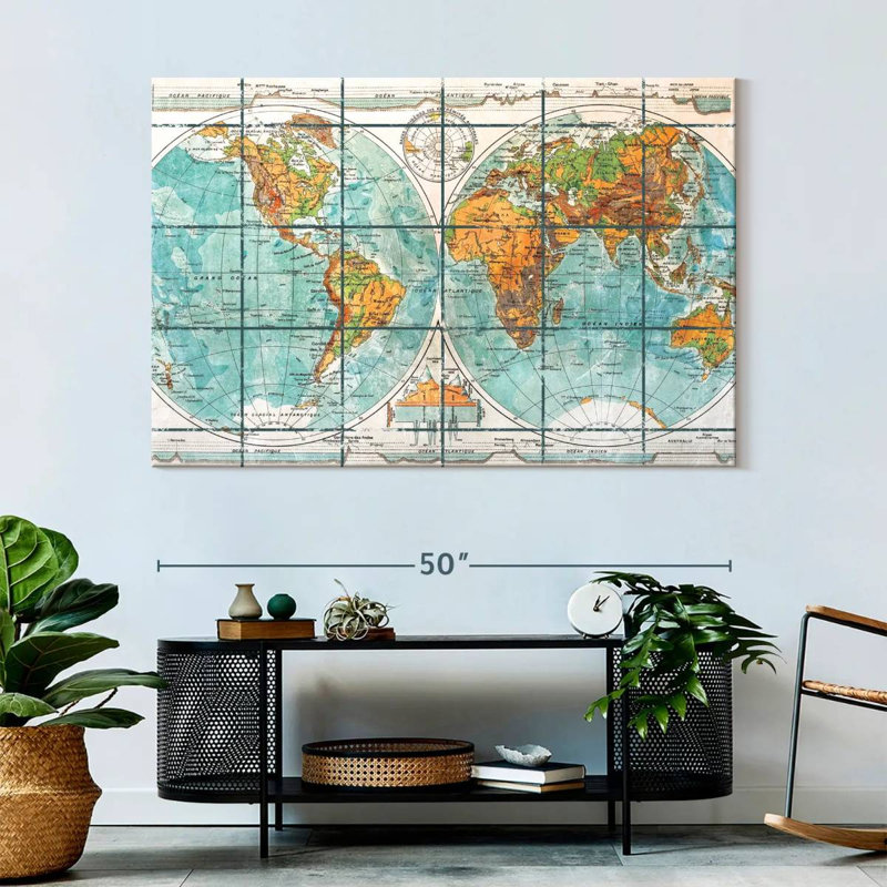 Globe terrestre carte du monde sur toile, H 34 po x l 51 po x P 1,25 po