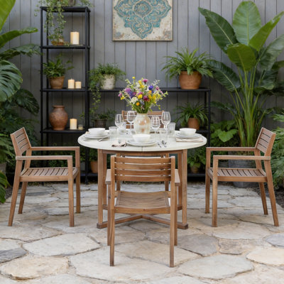 Ensemble de salle à manger pour 4 personnes en bois d'acacia avec table ronde pour patio, jardin, bord de piscine, pelouse et intérieur 