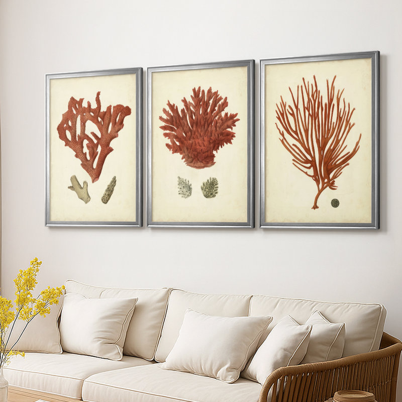 Antique Red Coral II - Toile tendue avec châssis sur mesure - 3 pièces, Argent argent, H 19 po x l 27 po