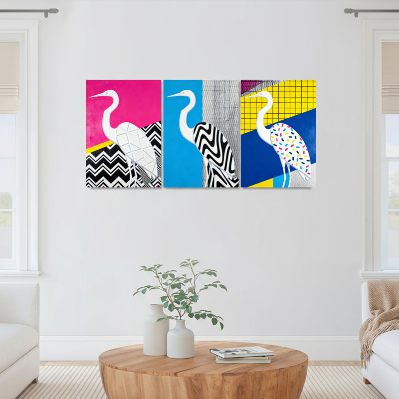 Ensemble de 3 tableaux abstraits modernes à motif de héron géométrique, H 30 po x l 60 po