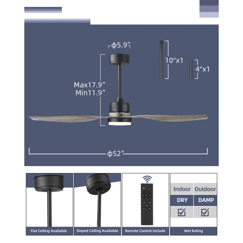 Tibuh 52'' Ceiling Fan with LED Lights, Gray