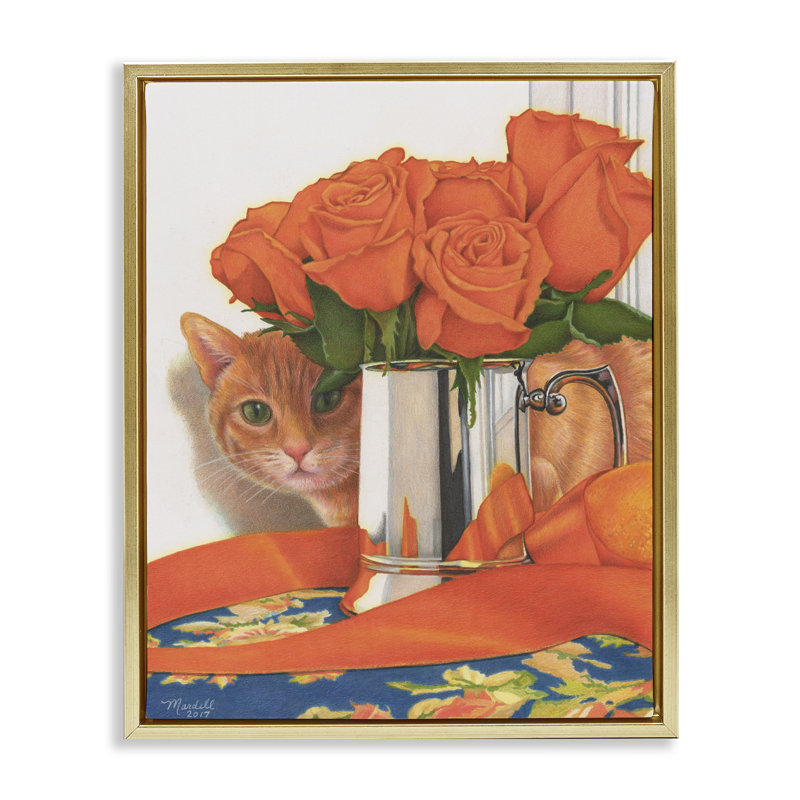 «Cat Peeking Rose Bouquet» par Mardell Schuster, Cadre flottant métallique doré, H 31 po x l 25 po x P 1,7 po