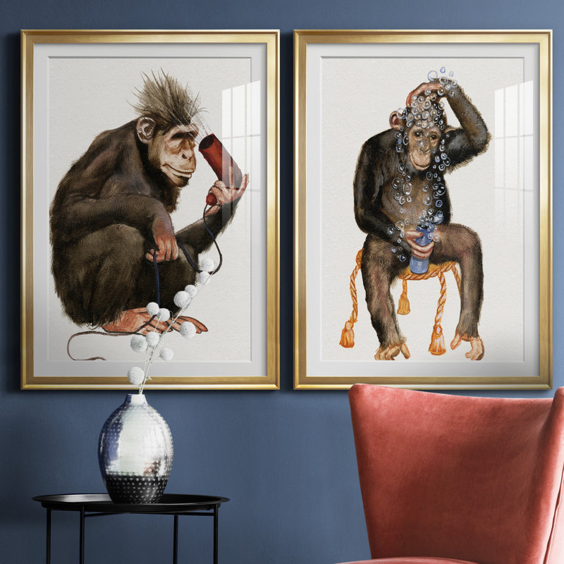 «Bath Animals I», ensemble de 2 impressions, Blanc, Papier encadré doré, H 26,5 po x l 73 po x P 1,5 po
