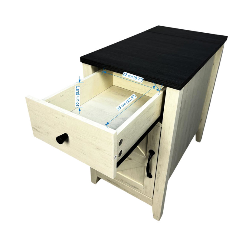 Table d'appoint blanche et noire avec charge. Moderne et pratique pour les ports de chargement de chambre à coucher. Espace polyvalent