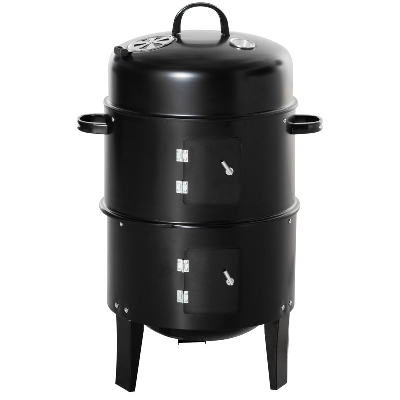 Barbecue vertical au charbon 3-en-1 avec deux zones de cuisson, thermomètre, foyer extérieur, cuisinière ronde