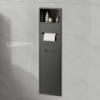 7.8＂x 25.9＂Stainless Steel Shower Niches With Trash Can & Toilet Paper Organizer, Recessed Wall Niche With Removable Door For Bathroom