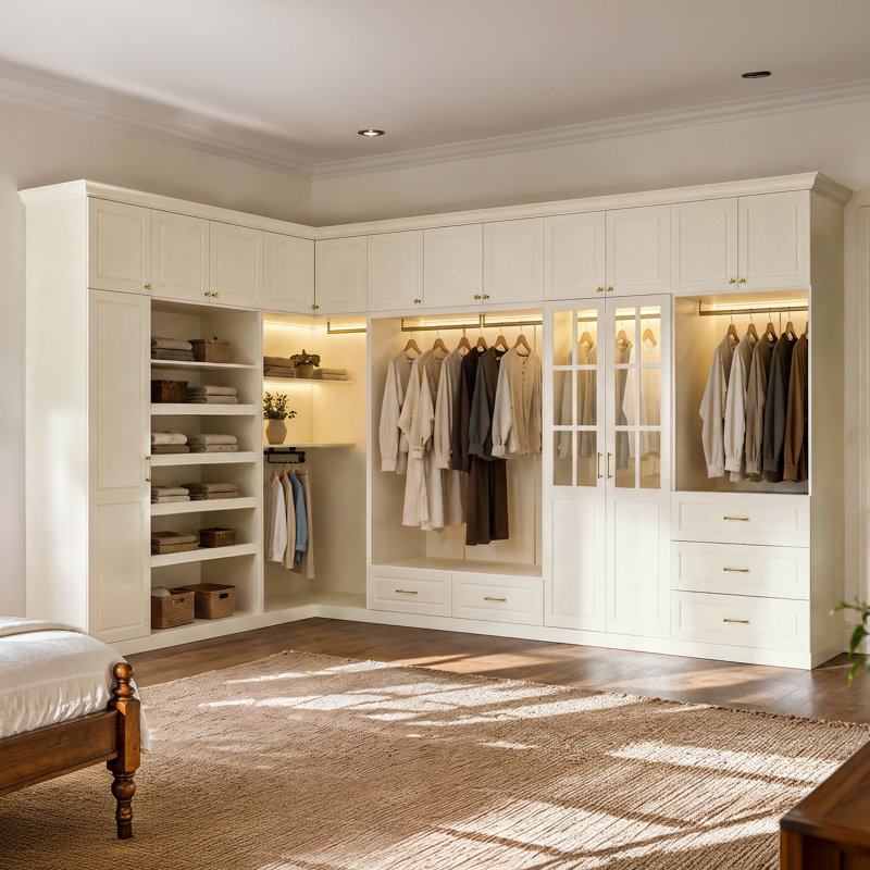 Système de garde-robe modulaire avec éclairage à DEL, tiroirs, tablettes, tringles suspendues et rangement pour chaussures, blanc