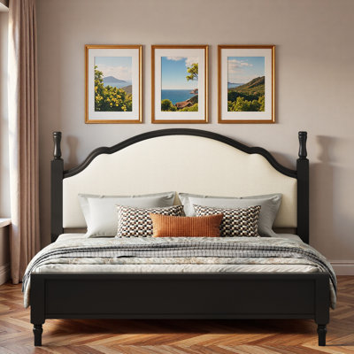 Wood Platform Bed With Upholstered Headboard And Sturdy Legs