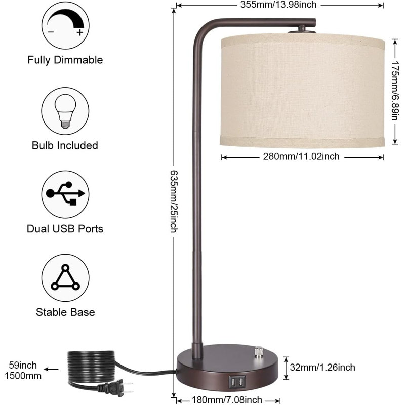 Side Table Lamp with Dual USB Ports, Dimmable Bedside Lamp Modern Nightstand Lamp Desk Reading Lamp with Linen Lampshade for Bedroom, Living Room, Study Room, Office, 9W 3000K LED Bulb Included