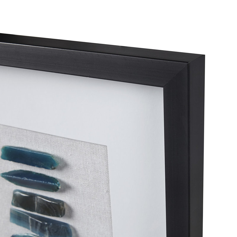 Décoration murale dimensionnelle en agate bleue encadrée - agate teinte céruléenne naturelle, contraste blanc doux, couvercle en verre, cadre noir, art d'intérieur, base, anneaux en D