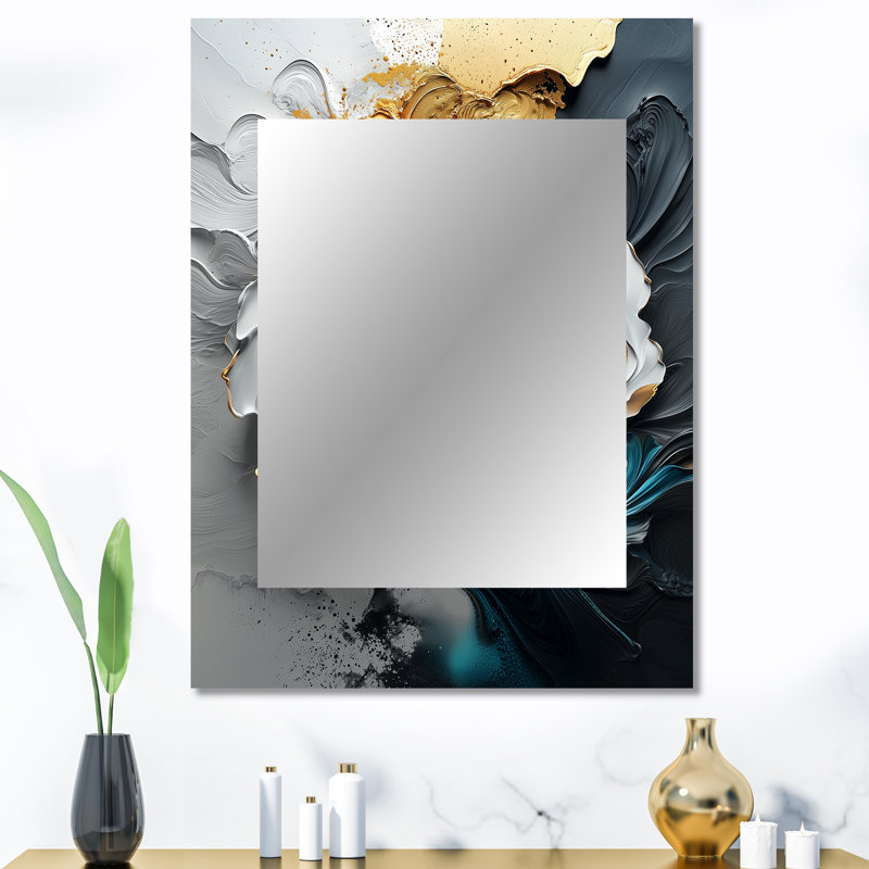 Black And Gold Moon Lines III - Abstract Shapes Large Wall Mirror, Modern Decorative Mirror, Printed Metal Art, 40" x 30"