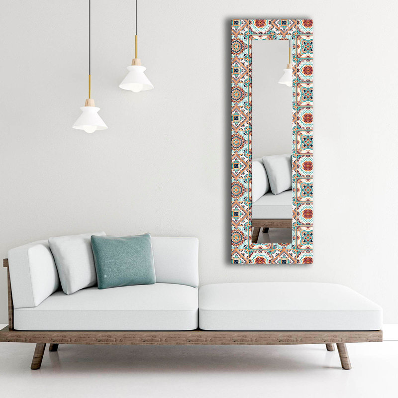 Miroir mural décoratif - 40 x 47,2 pouces, verre au four et miroir fraisé avec cadre 100% panneau de fibres à densité moyenne | Bleu élégant, blanc, rouge et brun clair | Parfait pour la décoration intérieure, le salon et le vestibule | Qualité d