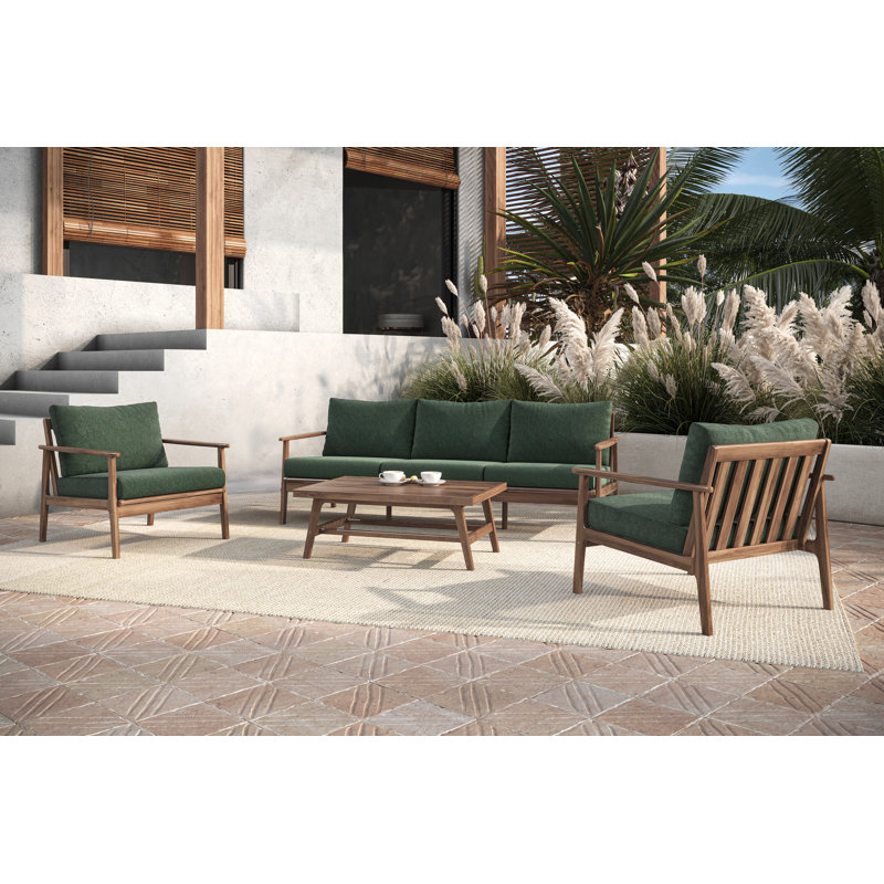 Ensemble d'extérieur 4 pièces en bois d'acacia massif avec canapé, 2 chaises et table basse Lyon, Vert