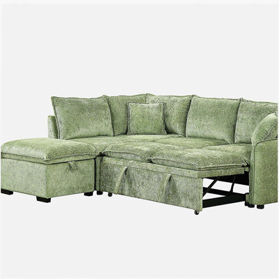 82.67"Convertible Sofa Bed Sectional Sofa Sleeper L-Shaped Sofa With A Storage Ottoman,Two Pillows, Two Power Sockets And Two USB Ports For Living Room, Green