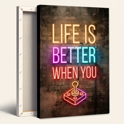 «Life Is Better When You Joystick», enseigne au néon sur toile murale brique