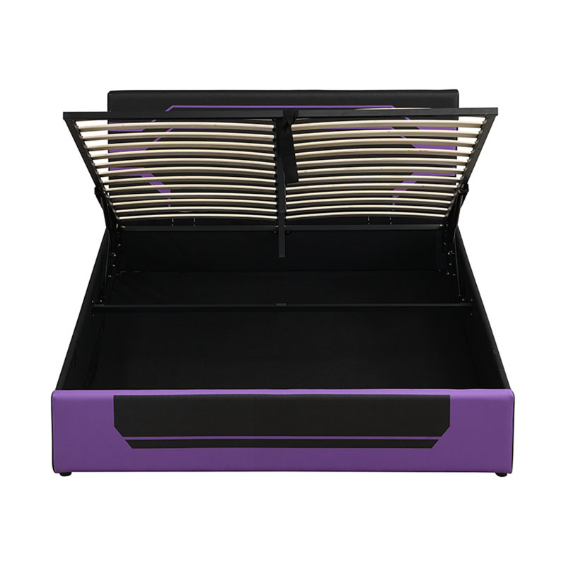 Structure de lit de jeu hydraulique moderne avec grand lit, lit plateforme Esports Cyberpunk avec rangement sous le lit pour les joueurs, noir et mauve