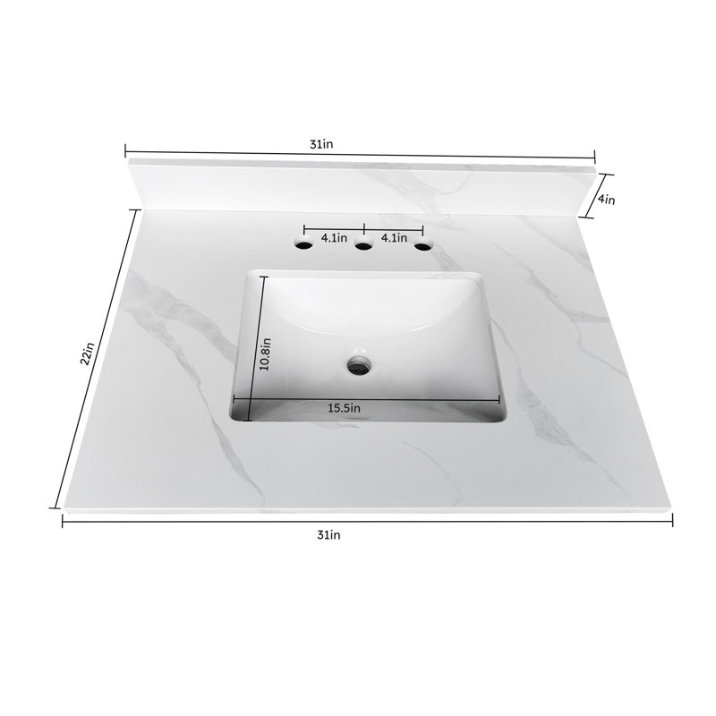 Comptoir de salle de bain en quartz blanc 31 po avec lavabo encastré, trous de robinet pré-percés et dosseret Carrara