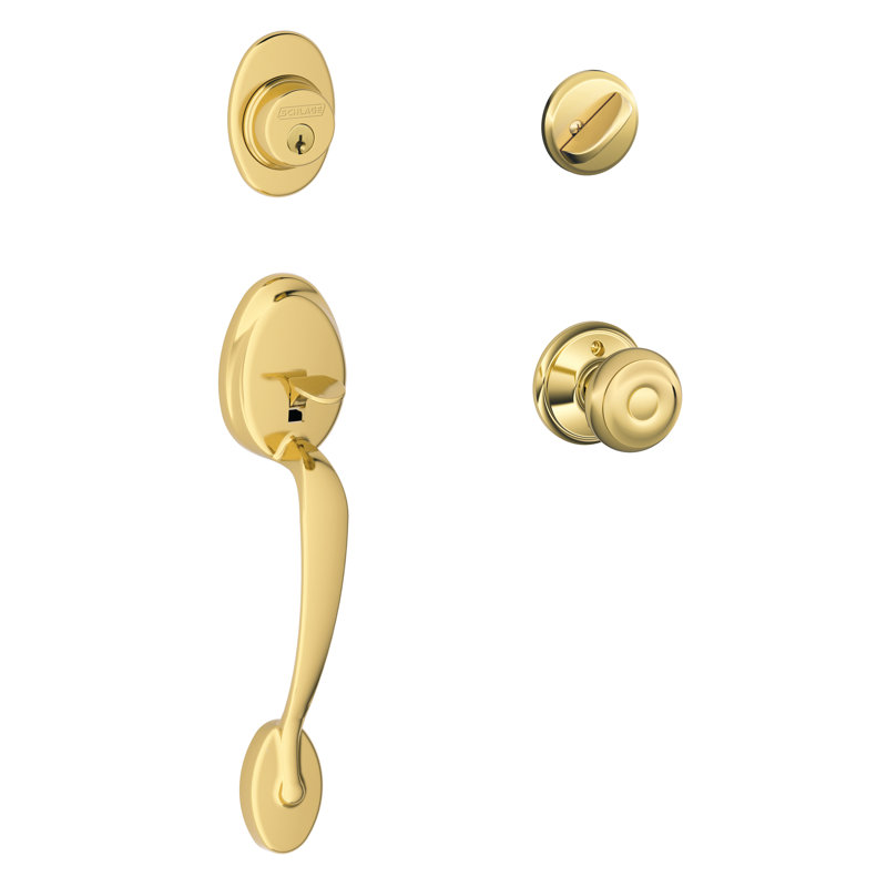 Plymouth Handleset with Single Cylinder Deadbolt and Georgian Door Knob and Rosette, Bright Brass, Yes