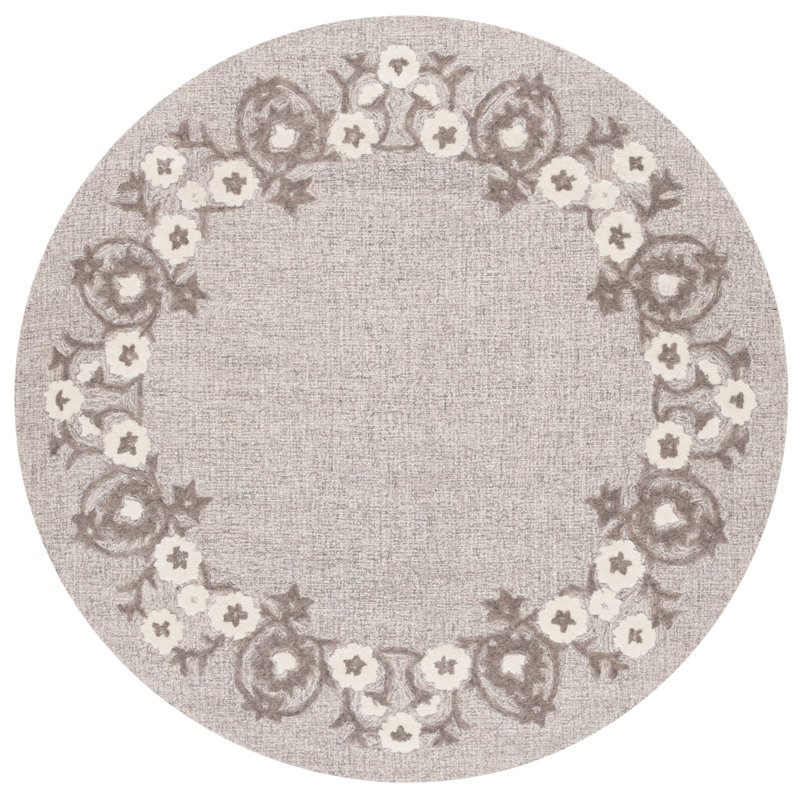 Lycan Ebony Hand Tufted Wool Cotton Floral Rug in Gray/Ivory, Round 6'