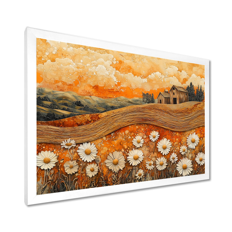Marguerites fleurs grange audacieux paysage II - marguerites Art mural, H 24 po x l 32 po, Floater Framed, Blanc