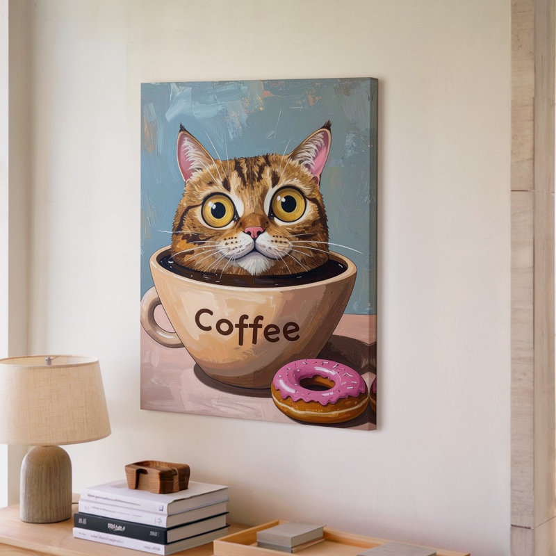 Art mural sur toile café chat fantaisiste caricature dans une tasse avec beigne caféine prête à accrocher décorée de qualité supérieure