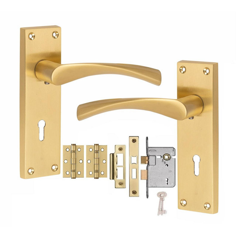 Golden Grace Victorian Design Astrid Lock Handle on Backplate Satin Brass Finish with 3 Lever Lock and Hinges - 150mm x 40mm