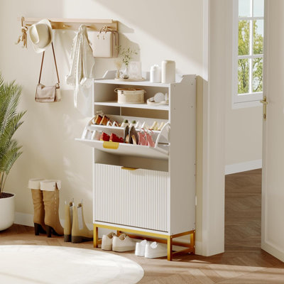 Shoe Storage Cabinet with 2 Flip Drawers, Narrow Freestanding Shoe Organizer with Fluted Design, Metal Legs & Open Shelf for Entryway or Hallway