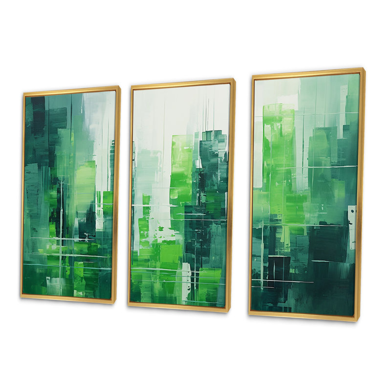 Emerald Elevations Skyscraper City I - Ensemble d'art sur toile gratte-ciel, Cadre flottant doré, H 32 po x l 48 po x P 1 po