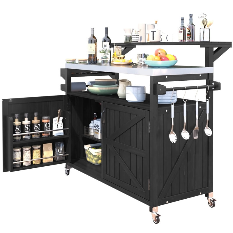 53.3" Outdoor Kitchen Island With Raised Shelf, Solid Wood Storage Cabinet With Stainless Steel Top, Outdoor Rolling Grill Cart With Internal Storage Rack, Adjustable Shelf, Spice Rack