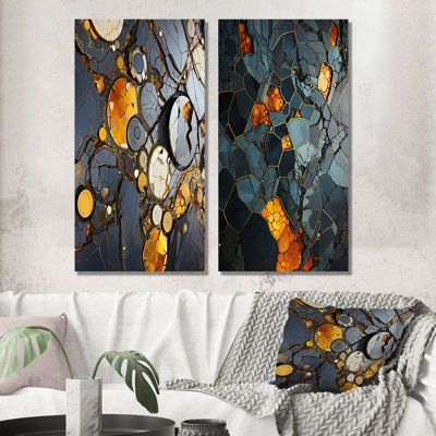 Marble Yellow And Black Elegance I - Abstract Geometric Canvas Art Print Set Of 2