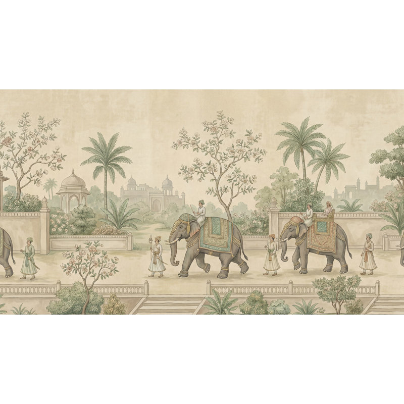 Papier peint indien d'éléphants, Procession indienne, Non-Woven Nonpasted, 160 po x 108 po
