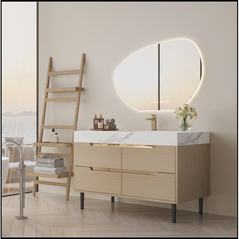 Meuble-lavabo moderne avec comptoir en pierre frittée, lavabo encastré et 4 tiroirs, en bois massif imperméable à plusieurs couches, autoportant / mural