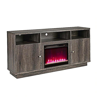 Ambrogio 70"W White Walnut Finish Fireplace TV Stand Console with Heater, LED Light, Cabinets, Shelves