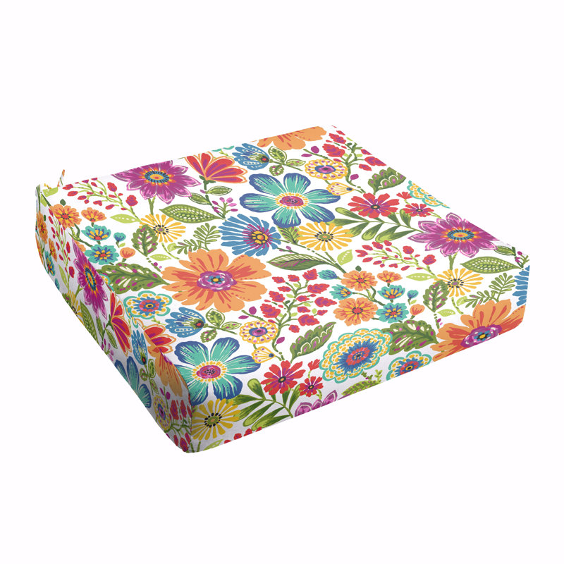 Coussin d'extérieur à passepoil floral, H 5 po x l 25,5 po x P 25,5 po, Rose / Vert/ Orange
