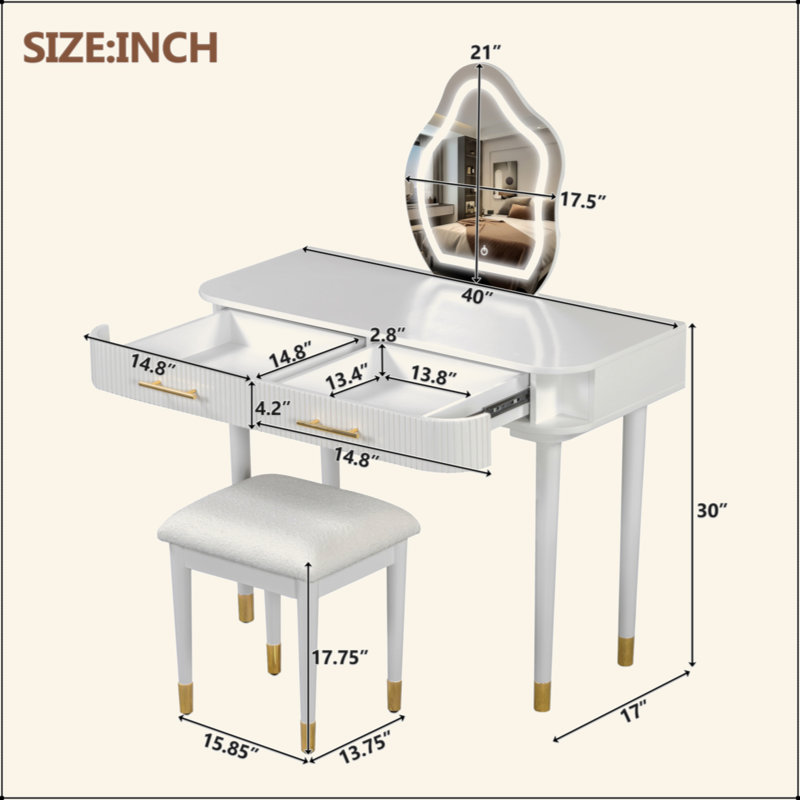 Ensemble de coiffeuse moderne 40 "avec miroir à écran tactile lumineux, coiffeuse et tabouret rembourré avec 2 grands tiroirs