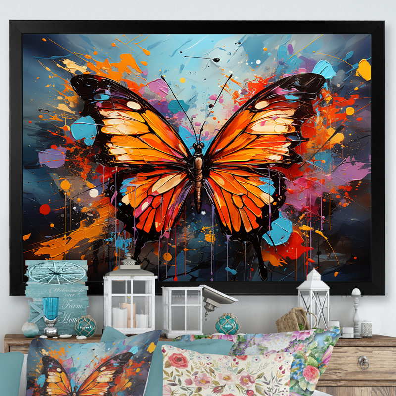 «Butterfly Graffiti Style I», art mural sur toile, H 16 po x l 32 po x P 1 po, Cadre simple noir