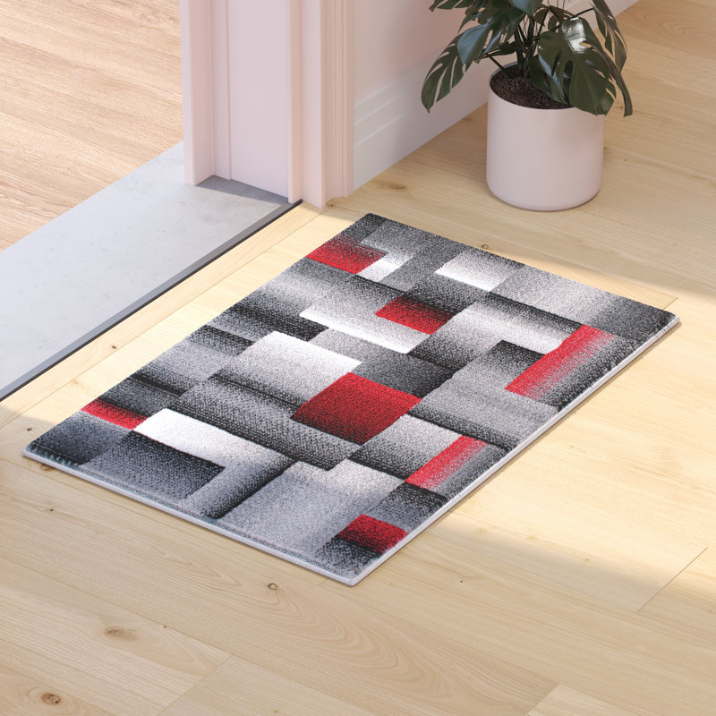 Tapis intérieur rouge et gris à motif géométrique de style moderne Abbie-May, Rectangle de 2 pi x 3 pi