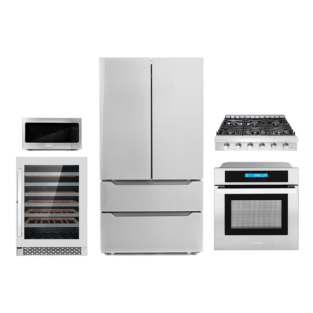 Cosmo 5 Piece Kitchen Appliance Package with French Door Refrigerator , 35.88'' Gas Cooktop , Wall Oven , Built-In Microwave , and Wine Refrigerator Cosmo