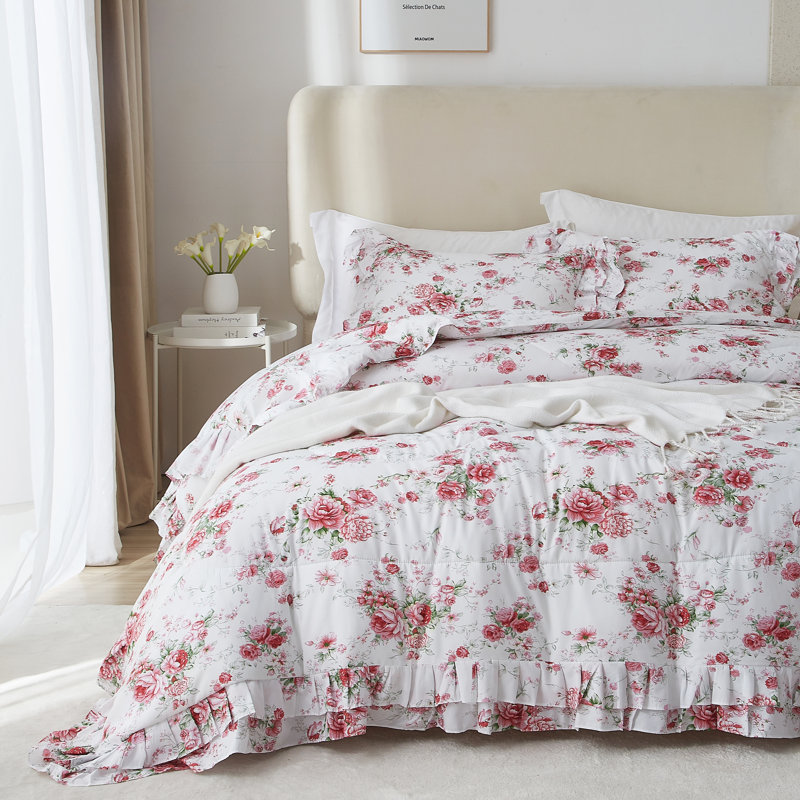 Microfiber Floral Print Comforter Set, Queen Comforter + 2 Pillowcases