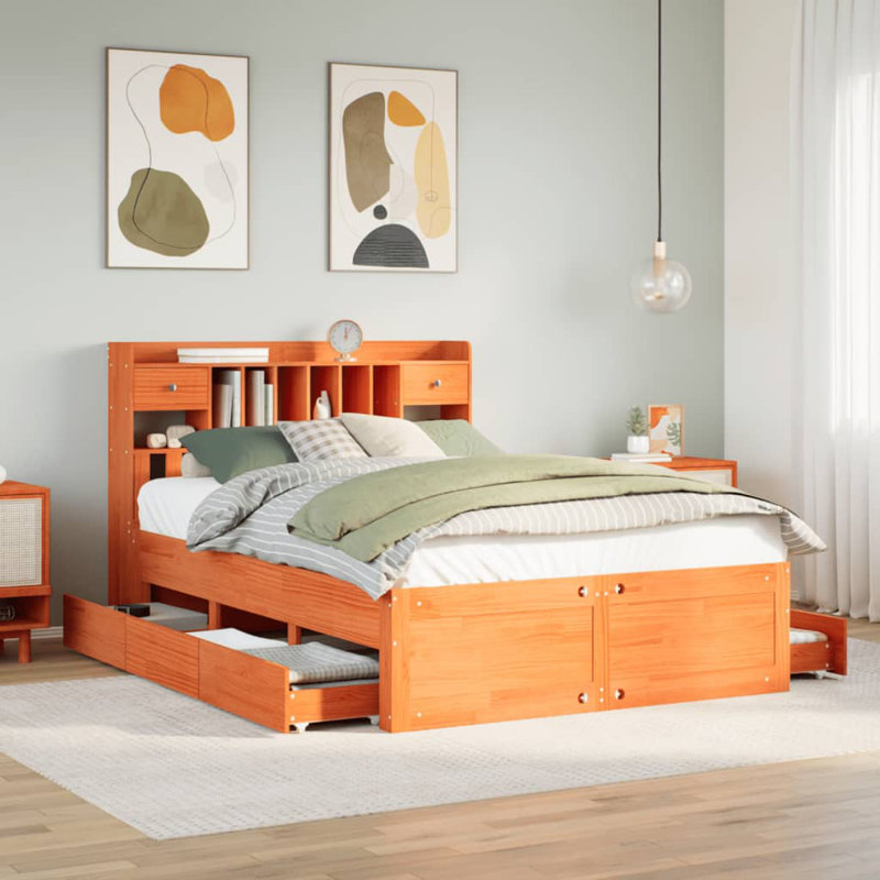 Natur Pur Bookcase Bed Without Mattress  Solid Wood Pine, Wax Brown, Kingsize (5')