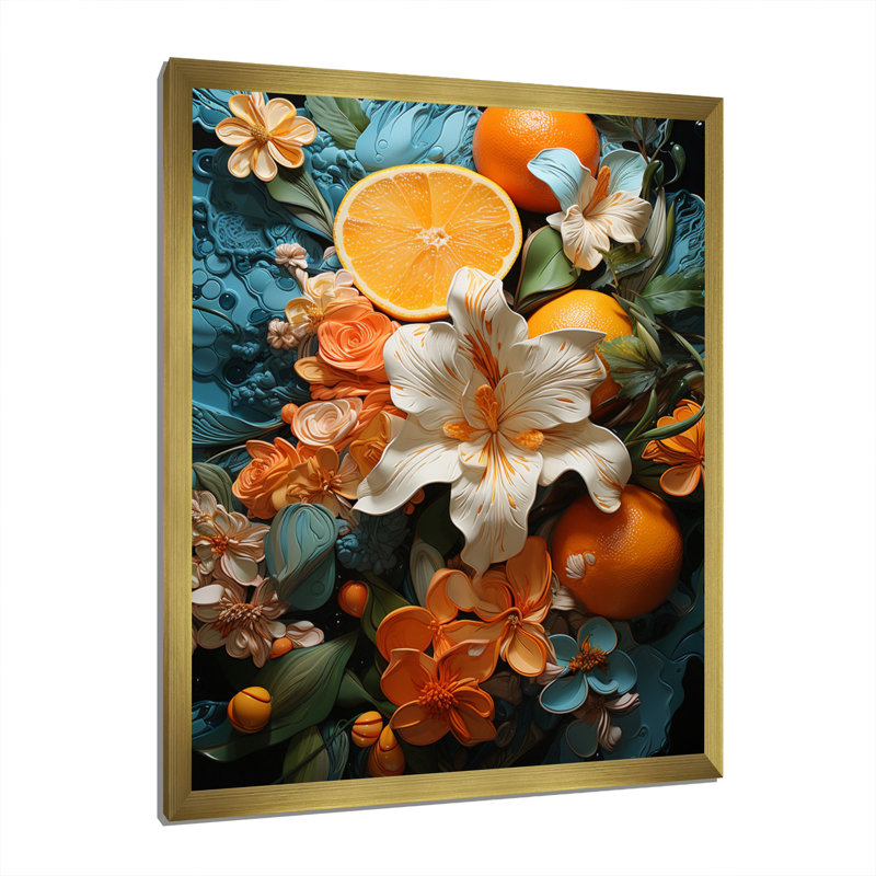 Orange orange, tropical, enchevêtrement I - Collages abstraits, art mural, salon, Encadrement doré