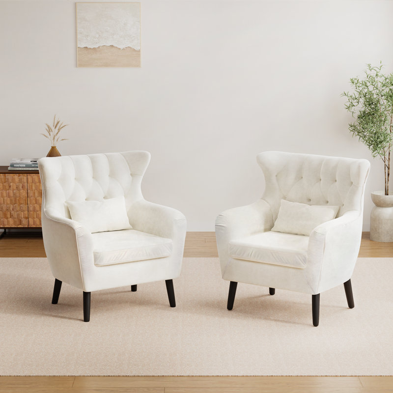 Thick Cushion Tufted Button Velvet Accent Chair, Beige Velvet